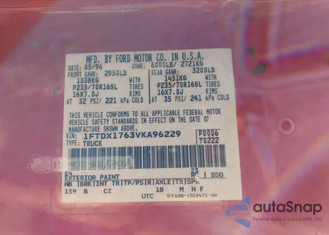 1997 Ford F-150 Lariat/Standard/Xl/Xlt z USA, uszkodzony, nr VIN 1FTDX1763VKA96229